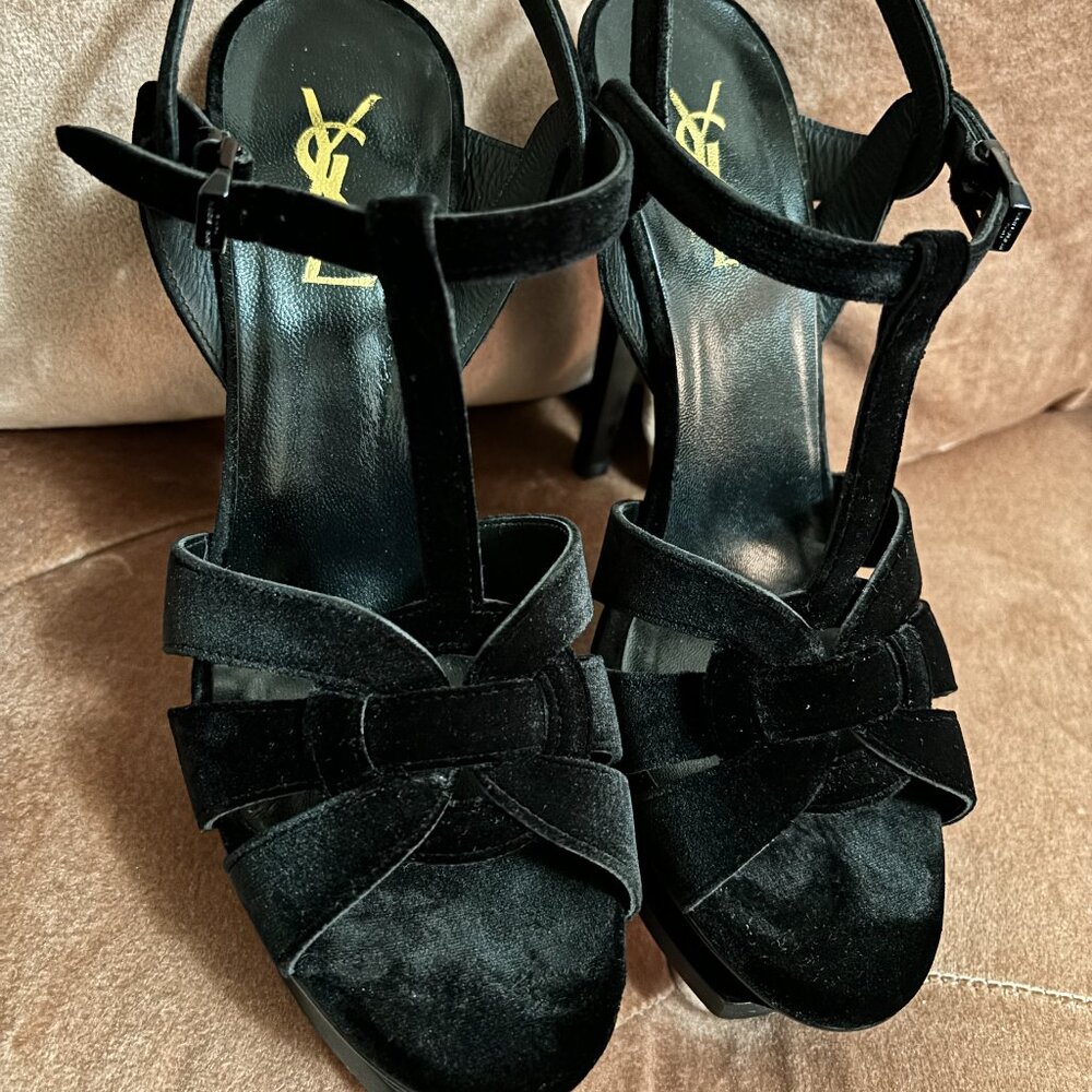 Saint Laurent YSL Black Velluto Master Velvet Tribute Platform Sandals Size 39/9